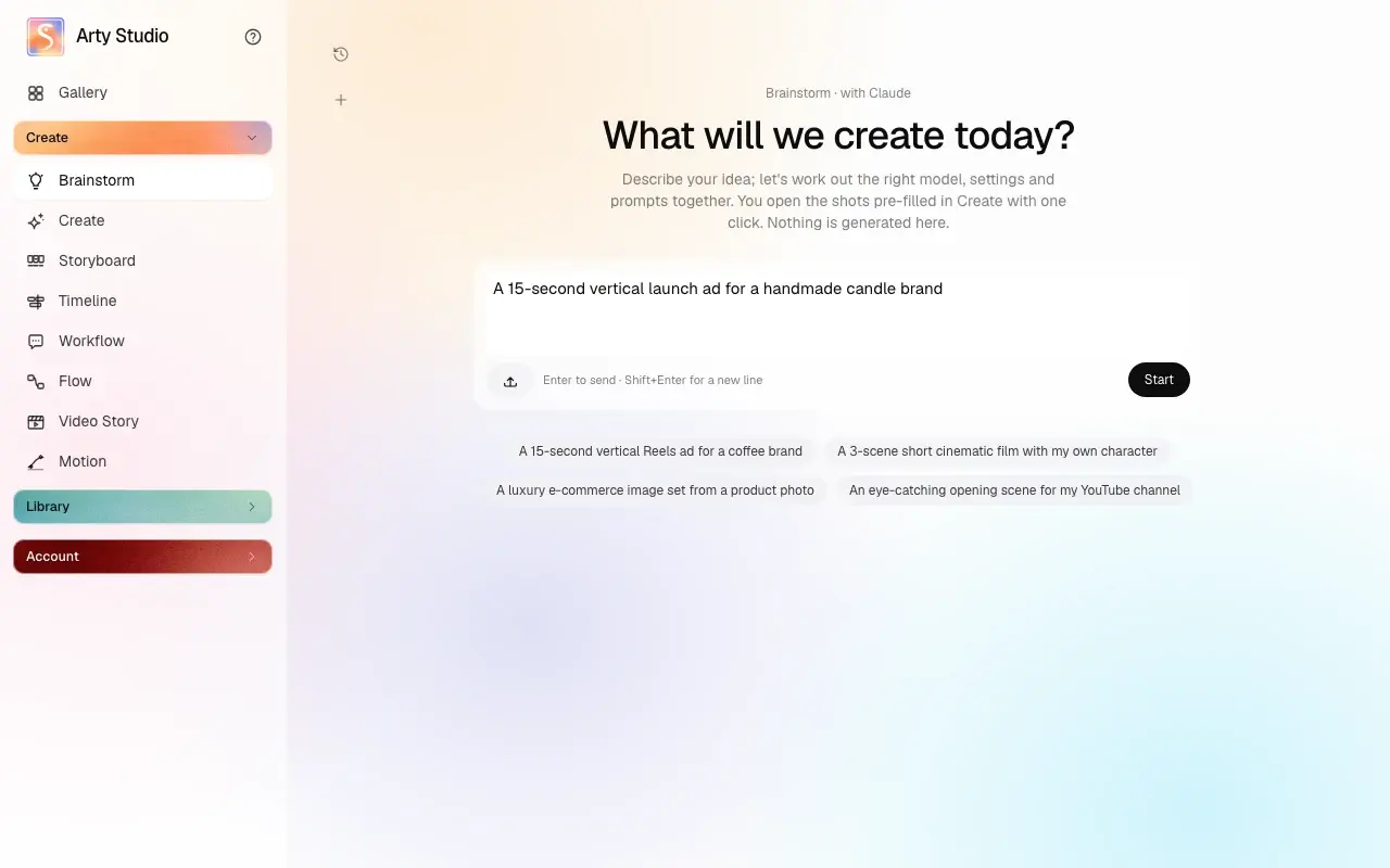 Arty Studio Brainstorm screen: turning an idea into a shot plan with Claude
