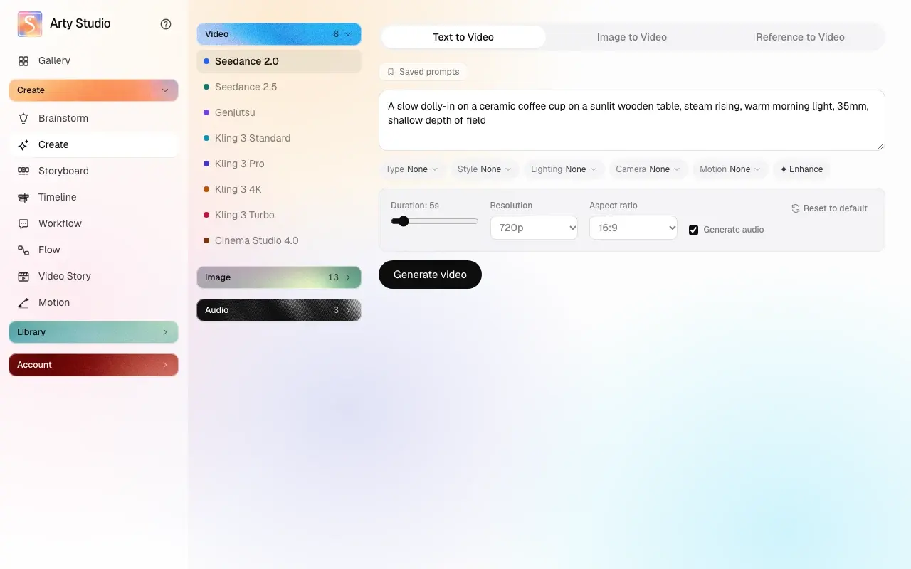 Arty Studio Create screen: video model picker, prompt field and generation settings