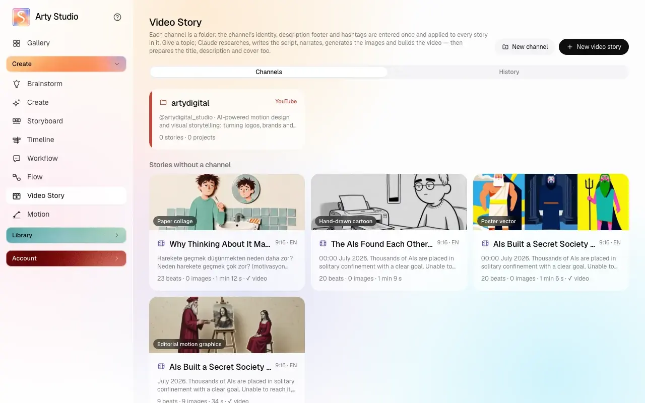 Arty Studio Video Story screen: channels and narrated video stories